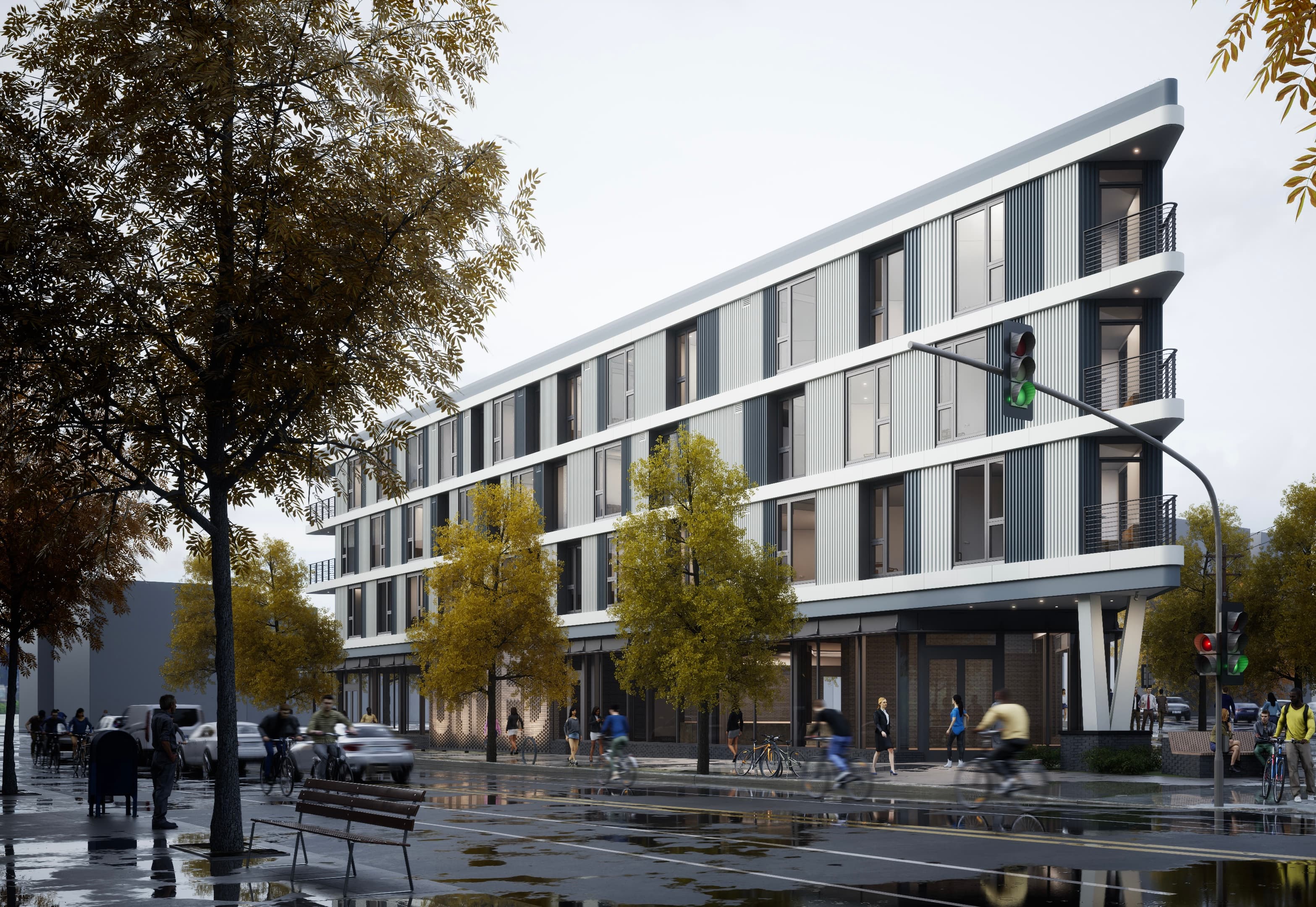 Architectural exterior of Triad UCity Apartments at dusk