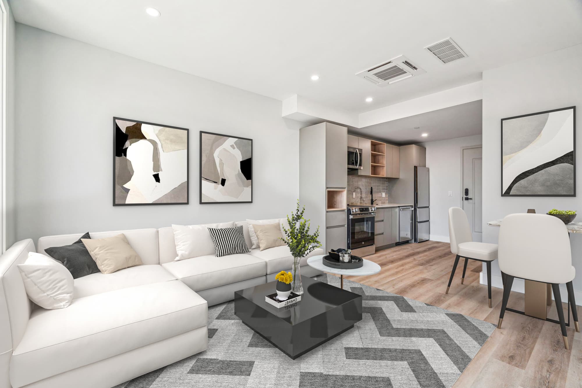 Sunlit living room with refined furnishings